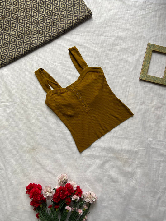 Mustard Ribbed Button-Front Crop Top with Wide Straps