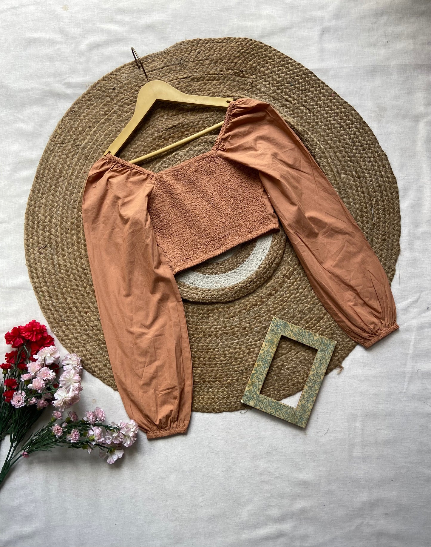 Women's Peach Puff Sleeve Crop Top – Boho Chic Style