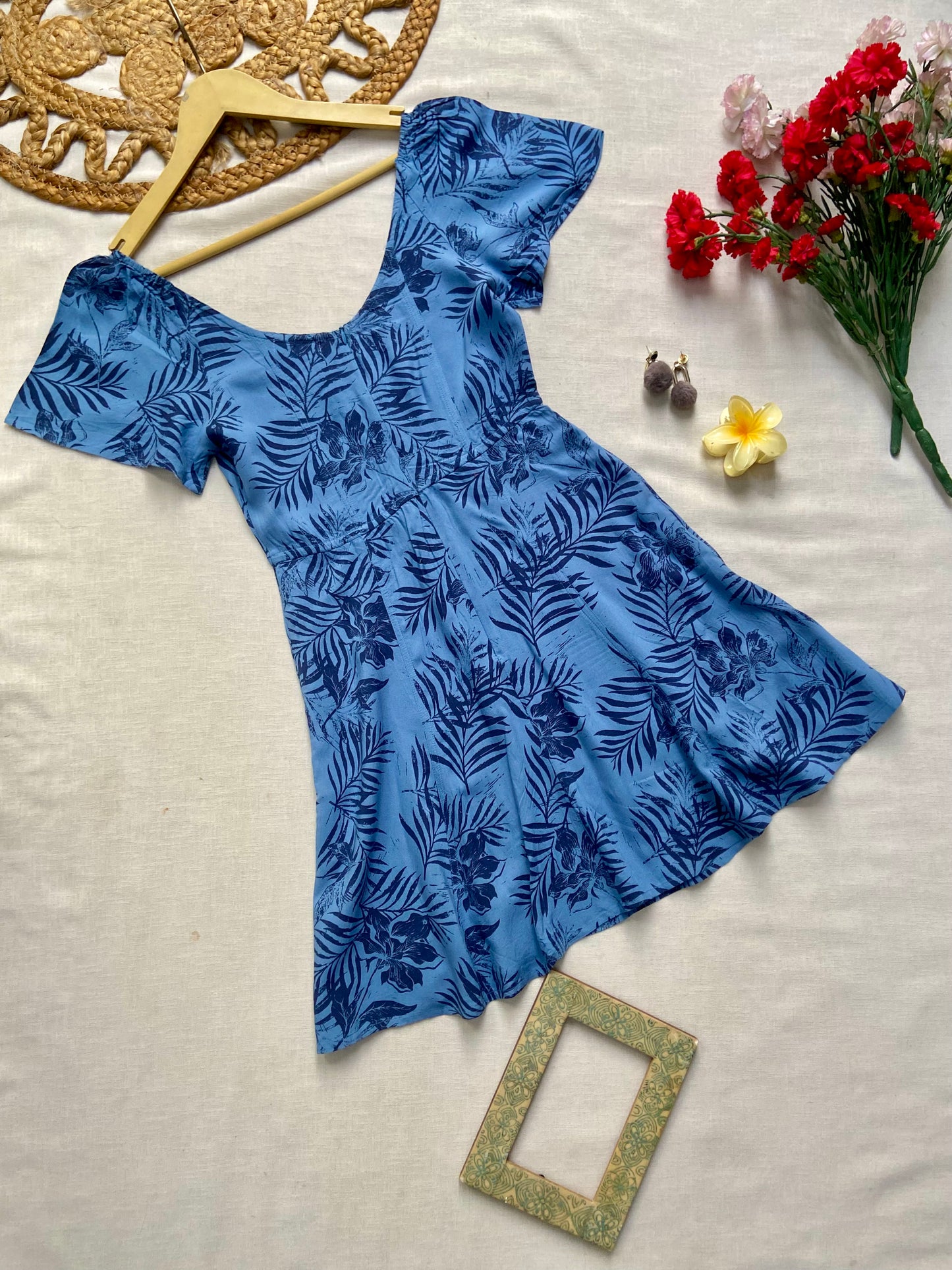 BLUE FLORAL A LINE MINI DRESS