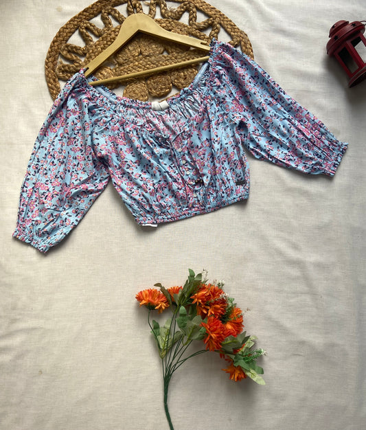 Light Blue Floral Crop Top with Puff Sleeves for Women