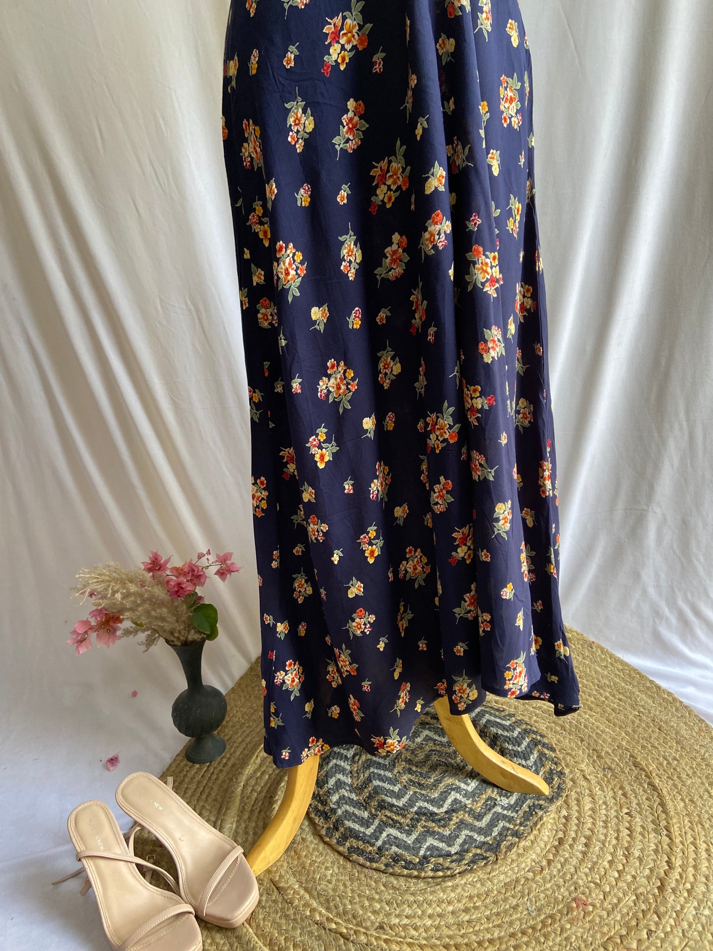 Navy Blue Floral Spaghetti Strap Maxi Dress