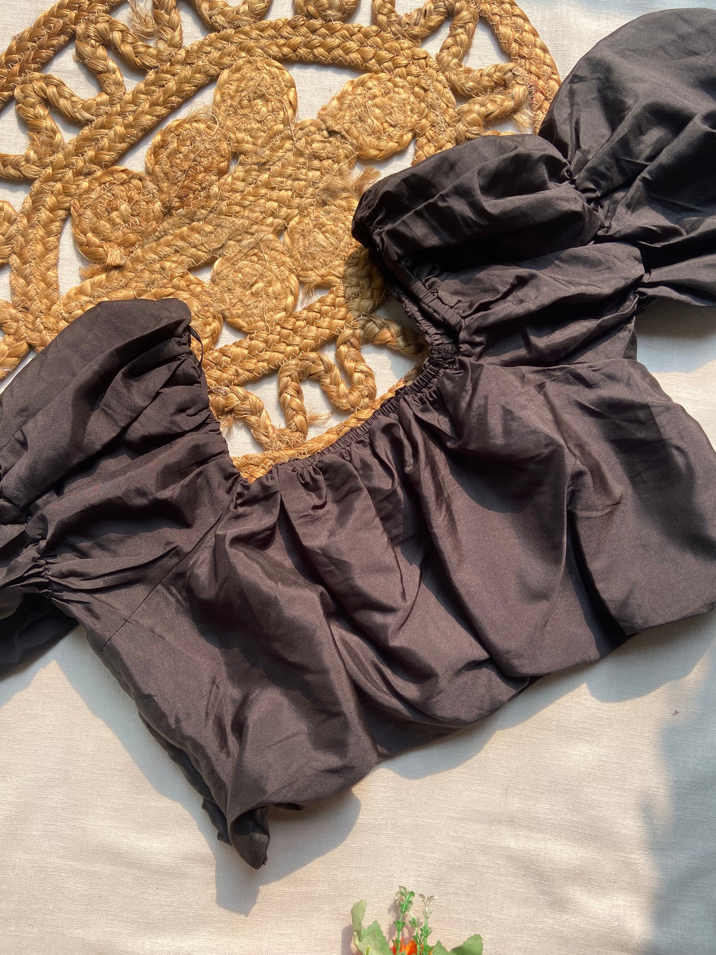 Black Puff Sleeve Cotton Blouse for Women