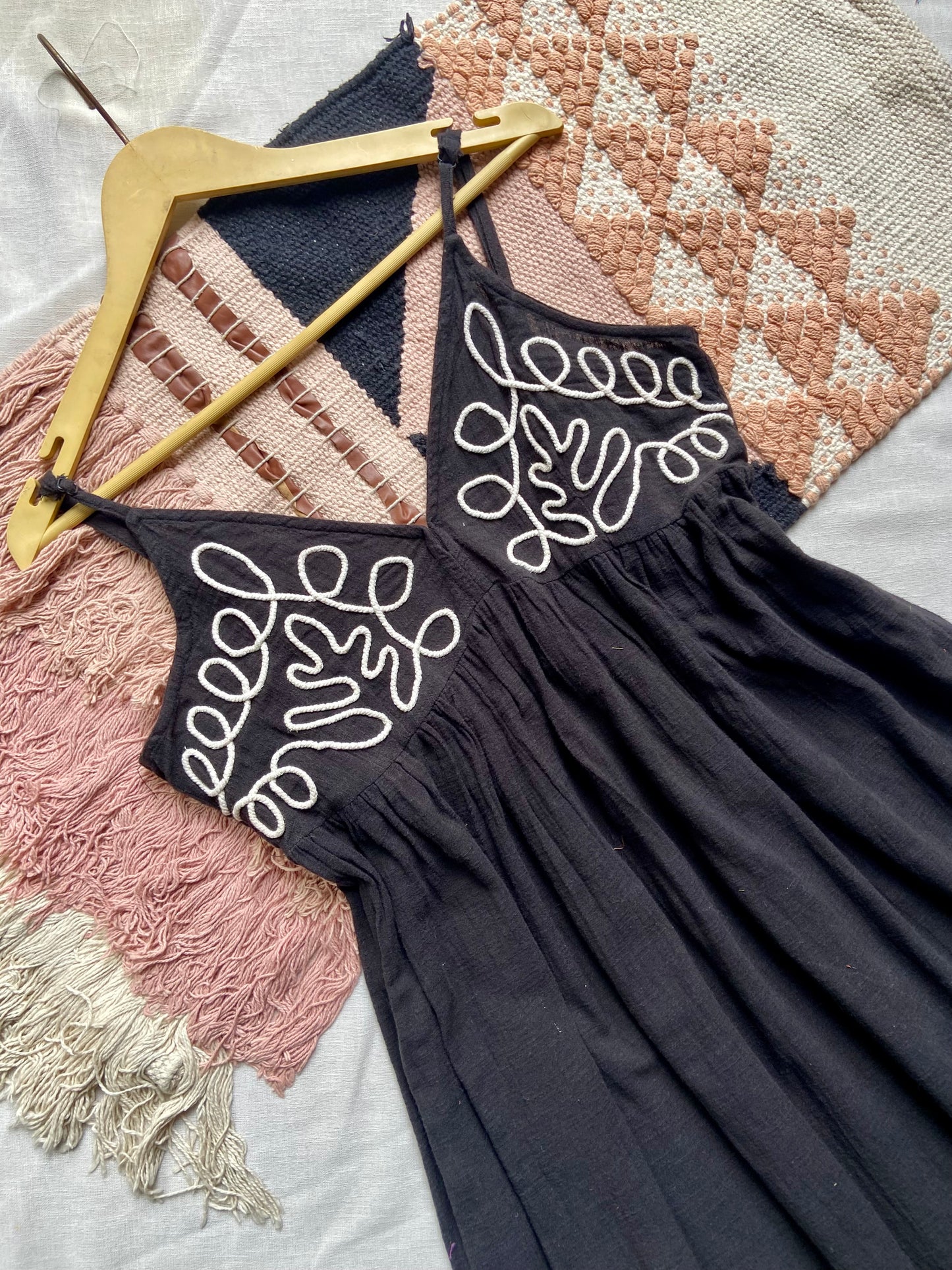 Boho Black Sleeveless Maxi Dress with White Embroidery