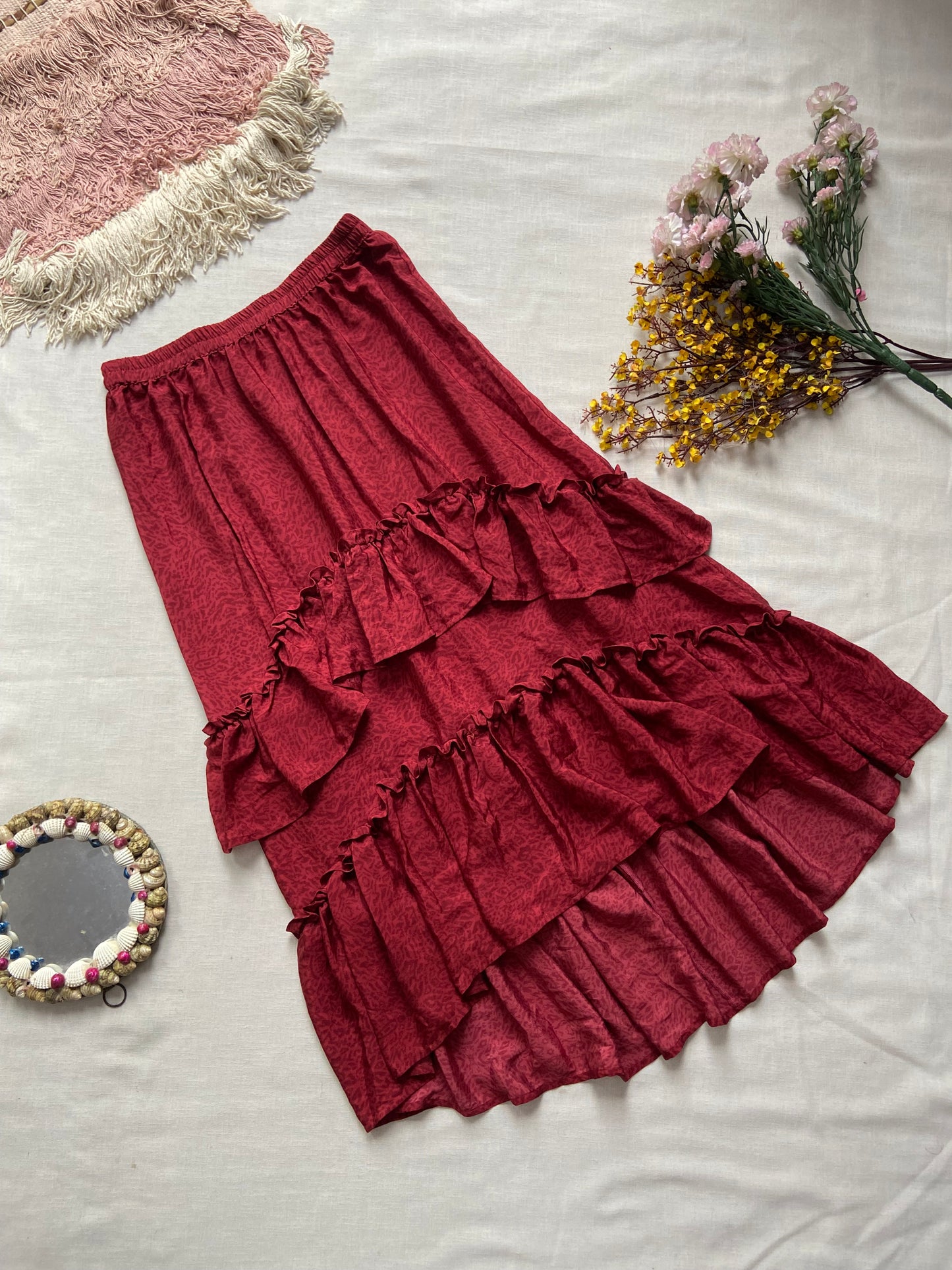 Boho Ruffled High-Low Maroon Skirt – Lightweight & Flowing