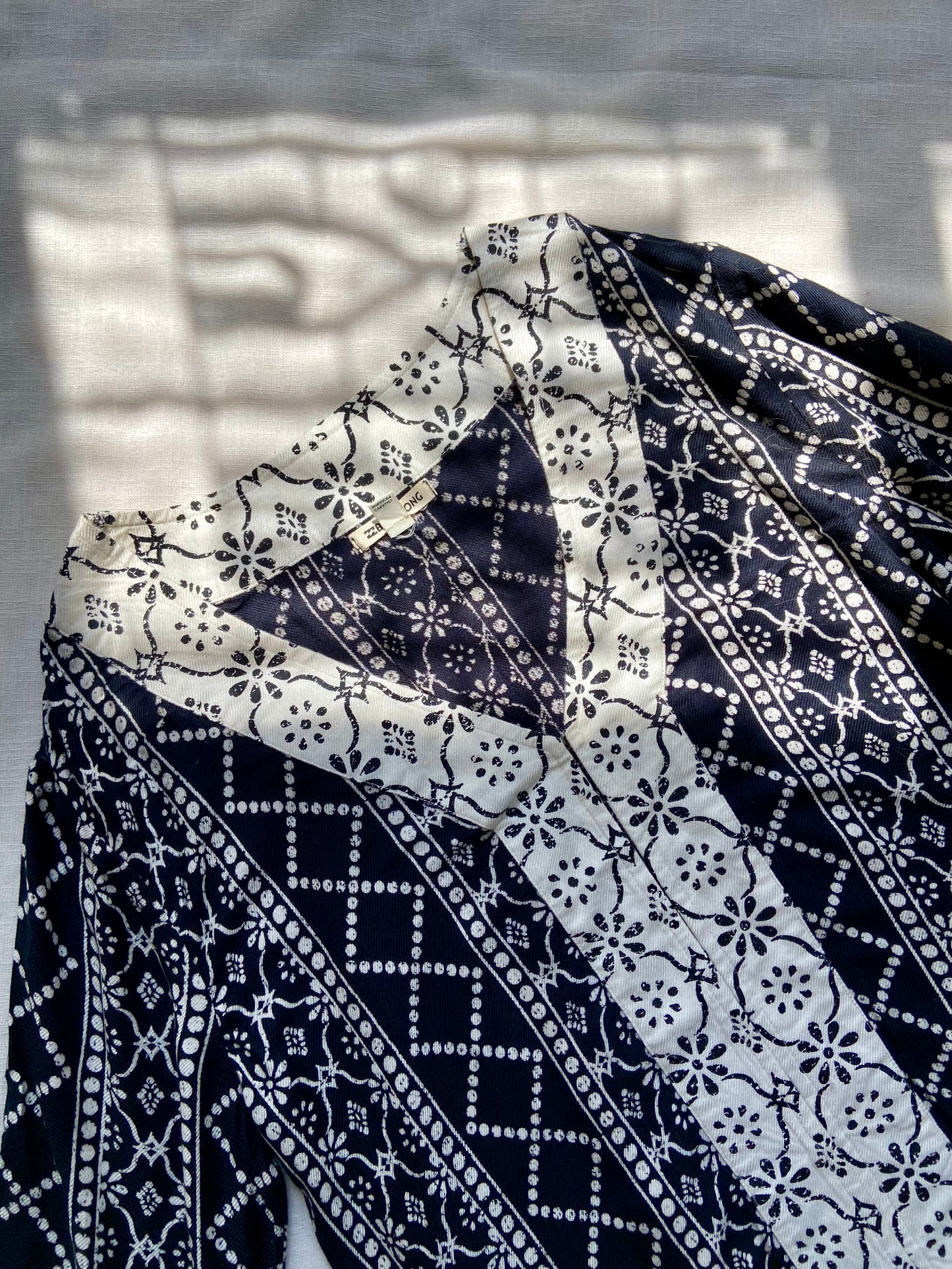 Elegant Navy Blue & White Printed Bell Sleeve Top