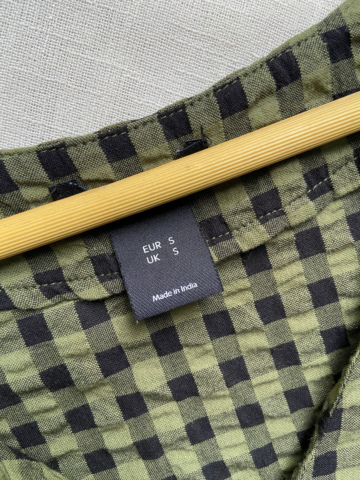 Olive Green Gingham Check Top with Flared Sleeves