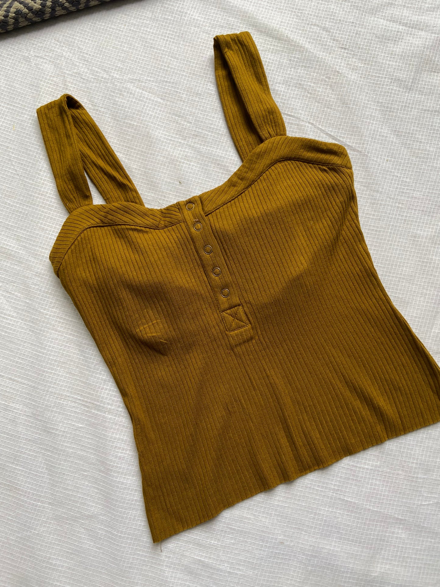 Mustard Ribbed Button-Front Crop Top with Wide Straps