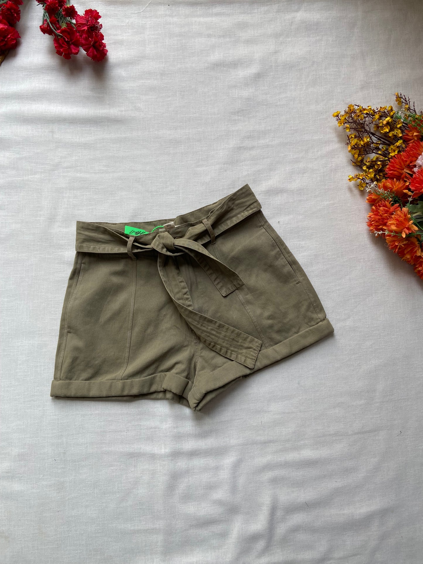 Women's High-Waisted Khaki Paperbag Shorts with Belt