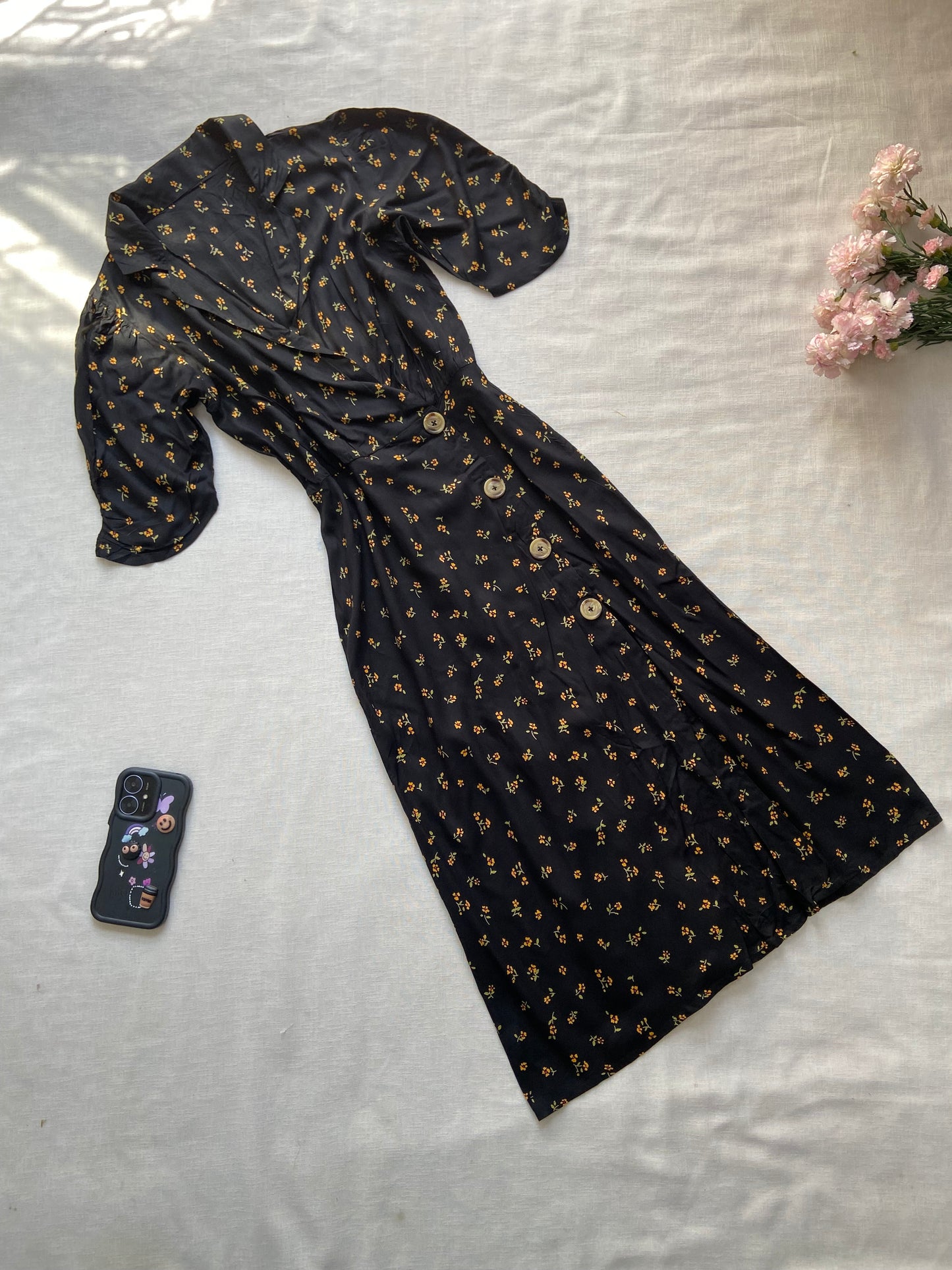 Black Floral Button-Front Midi Dress with Puff Sleeves