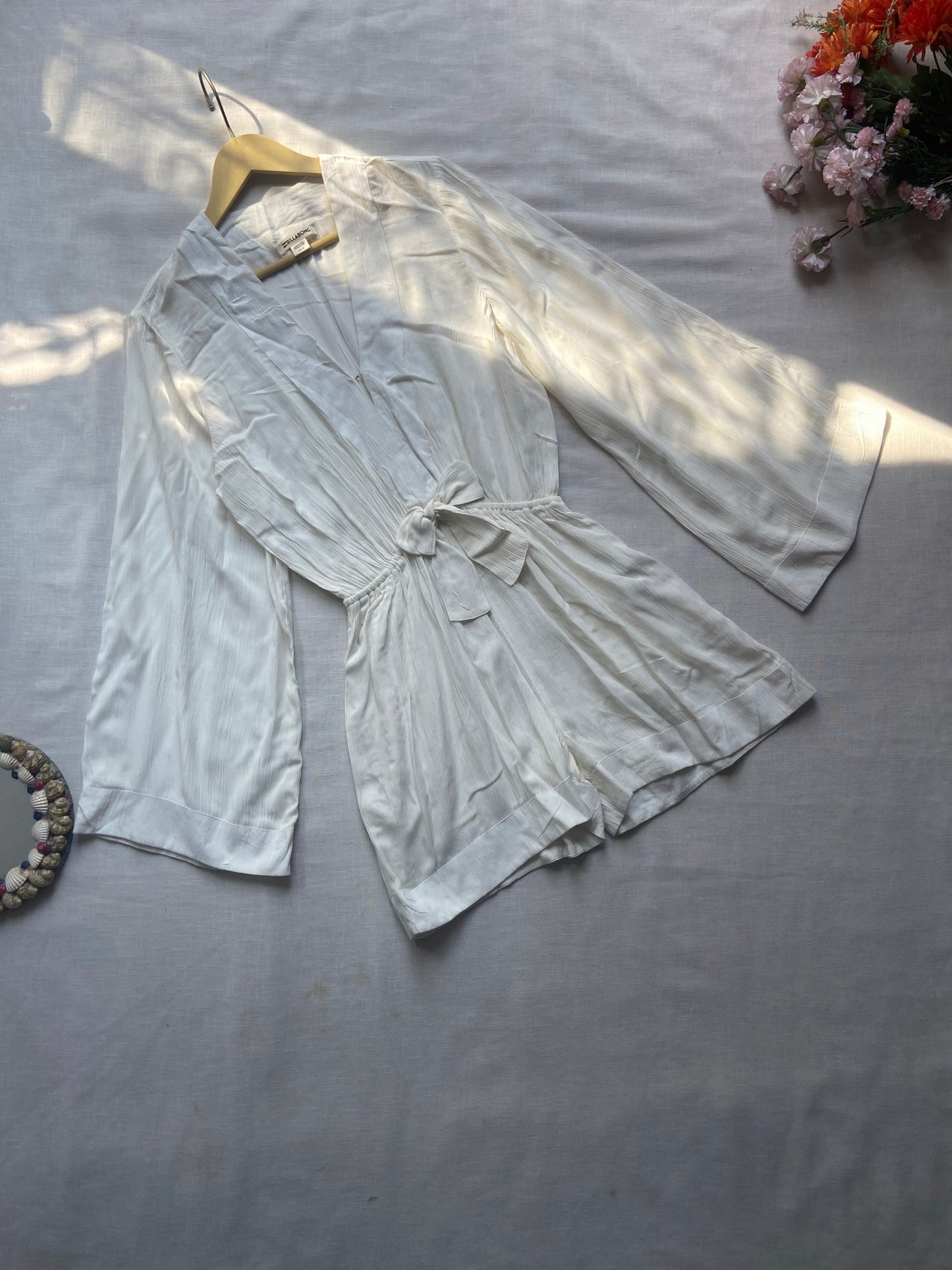 White Satin Flare Sleeve Wrap Romper