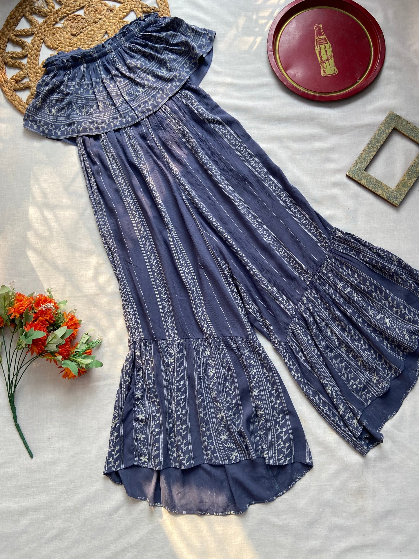 Women’s Blue Off Shoulder Printed Flared Jumpsuit