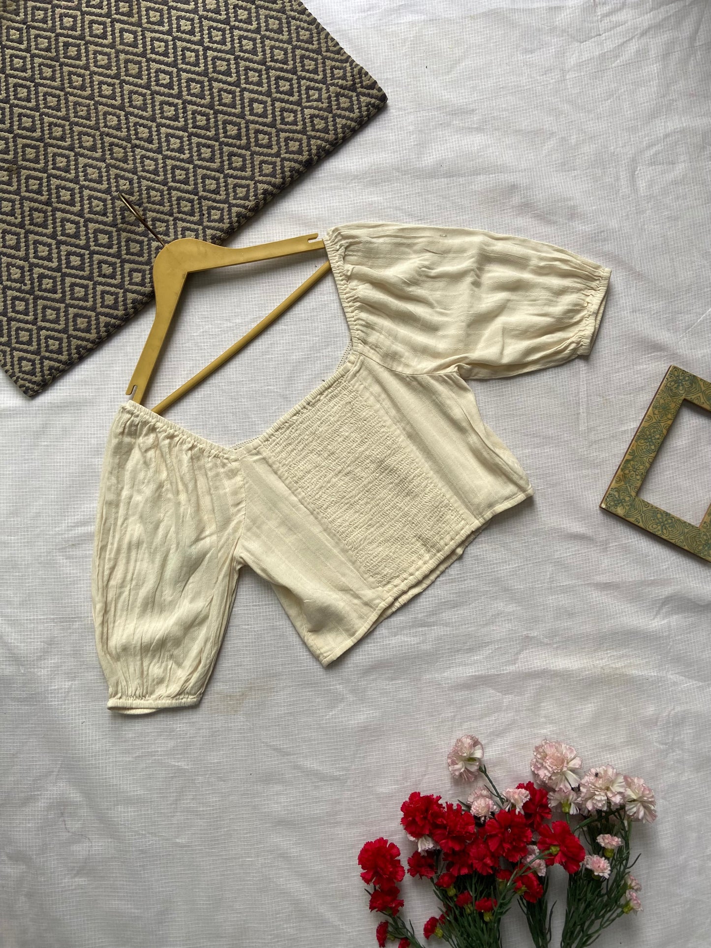 Women's Cream Embroidered Puff Sleeve Crop Top