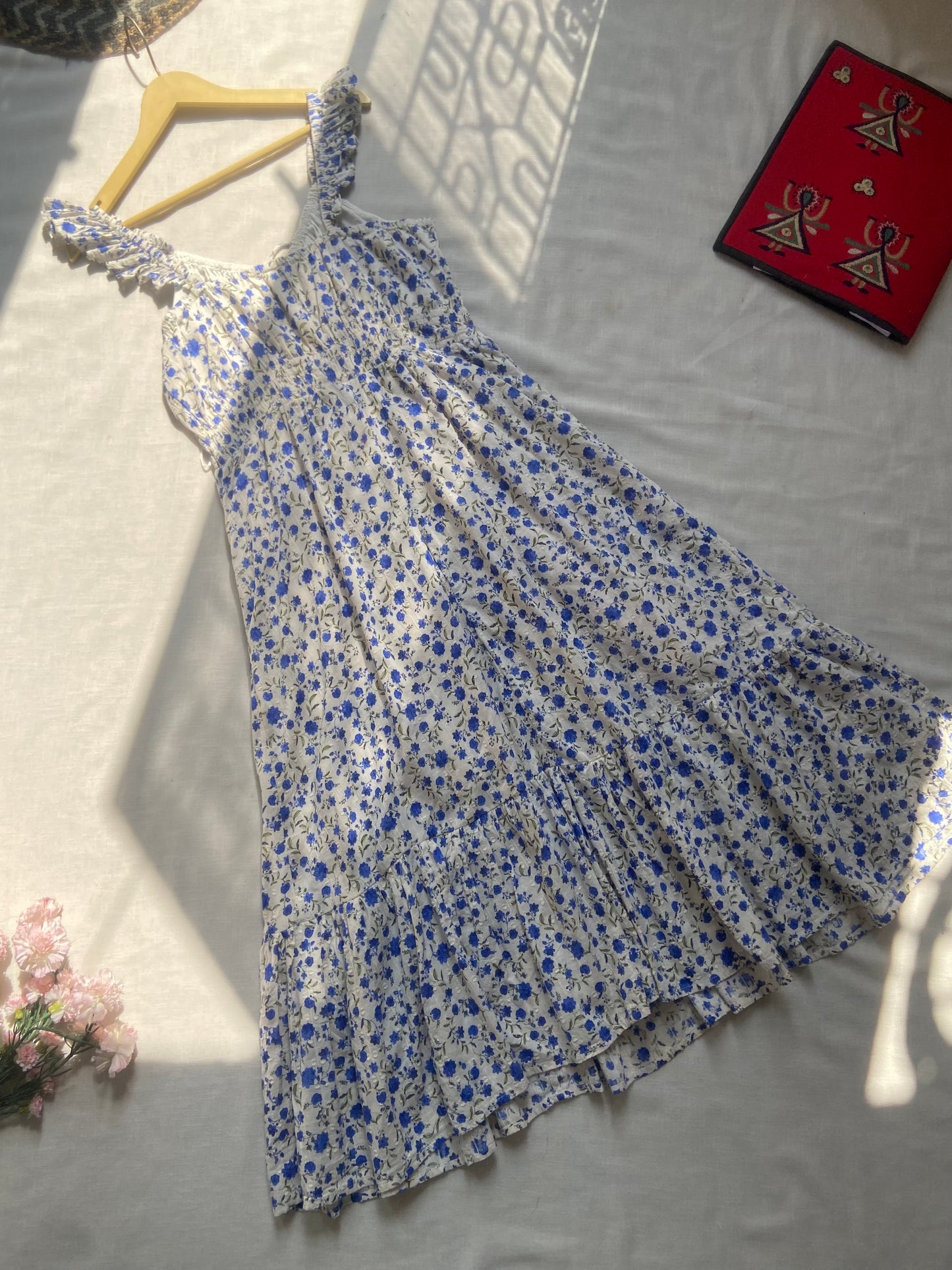 Blue Floral Ruffle Midi Dress