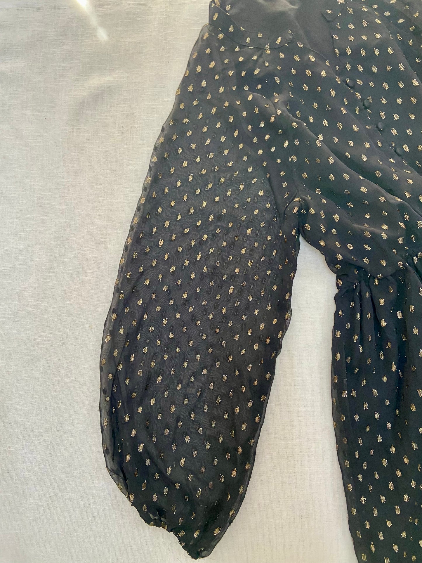 Sheer Black Mini Dress with Gold Print and Puff Sleeves