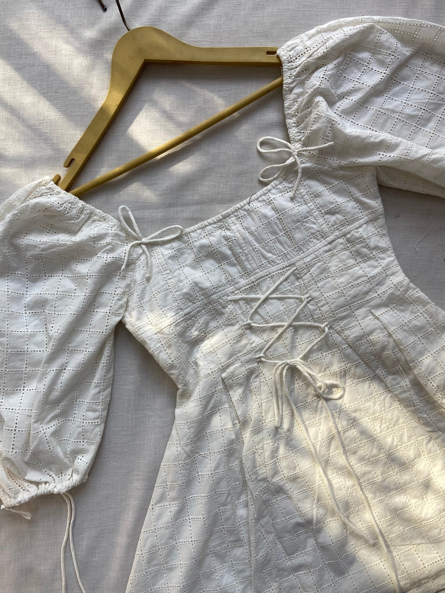 Elegant White Puff Sleeve Eyelet Dress