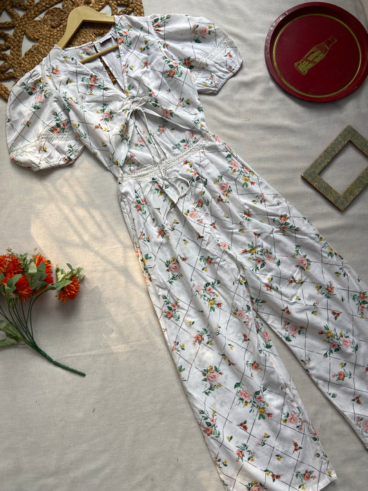 Women’s White Floral Printed Jumpsuit with Puff Sleeves