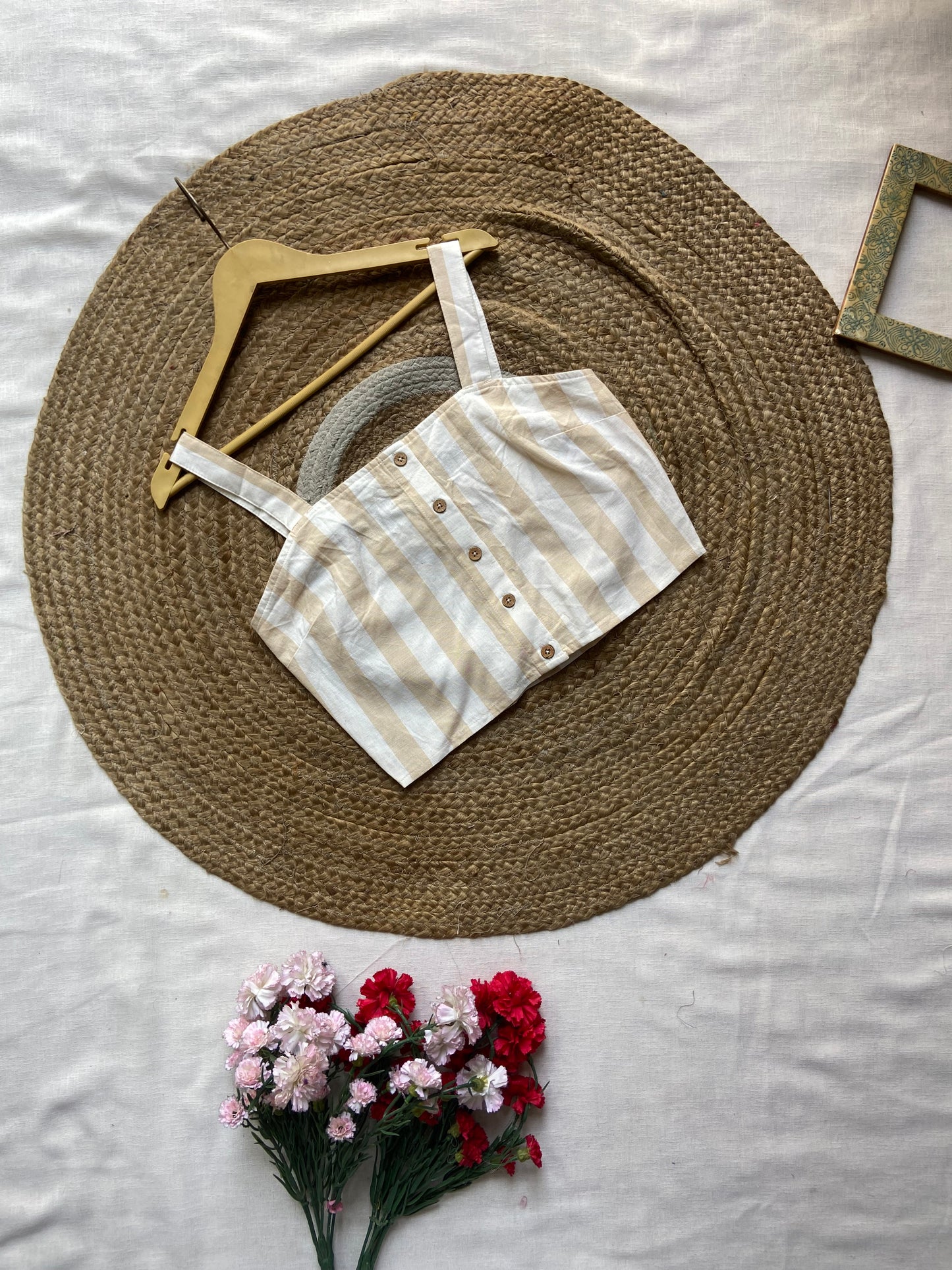 Women's Beige & White Striped Cotton Crop Top – Sleeveless Button-Down Style