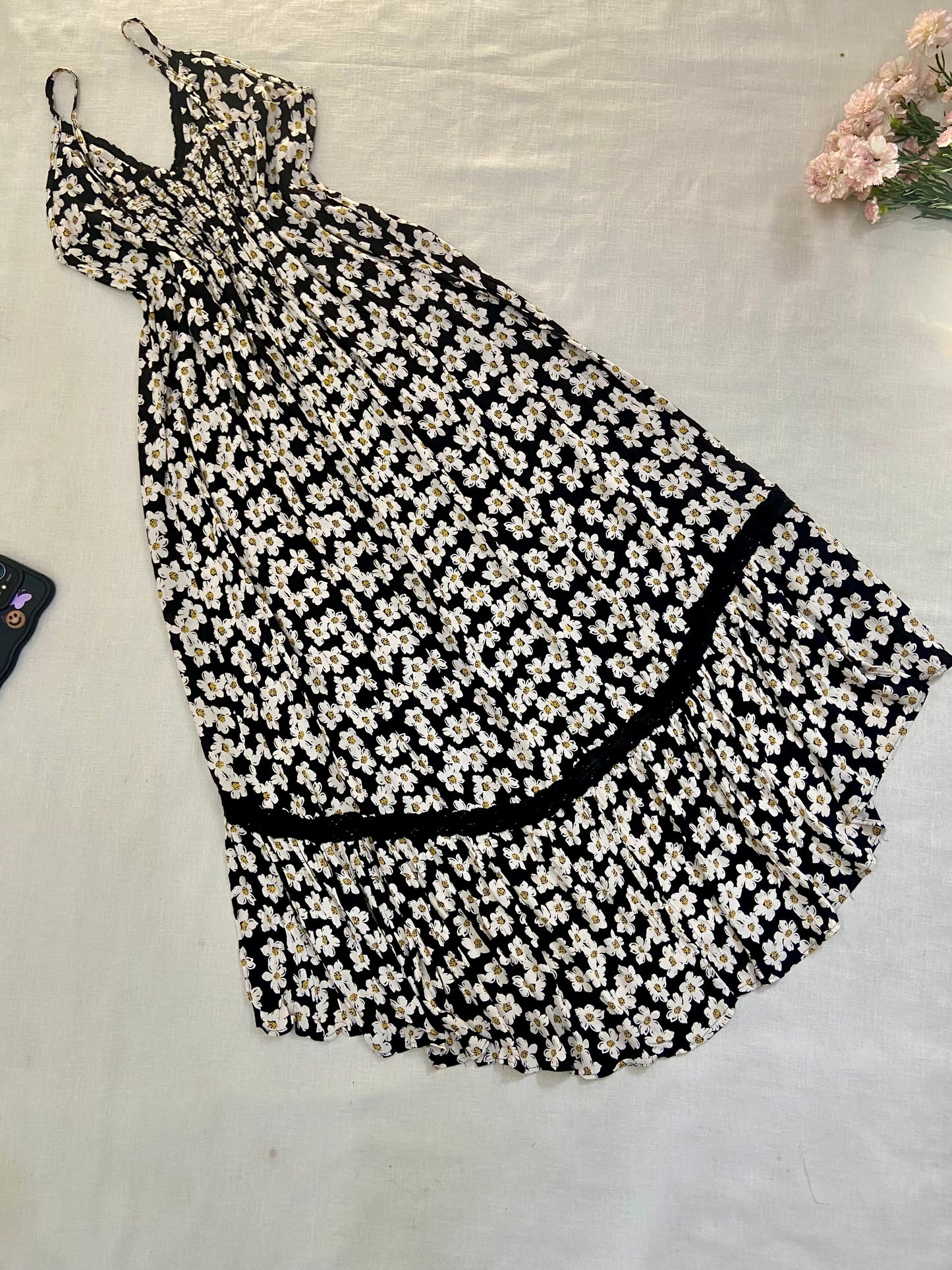 Floral Print Sleeveless Midi Dress with Lace Detail