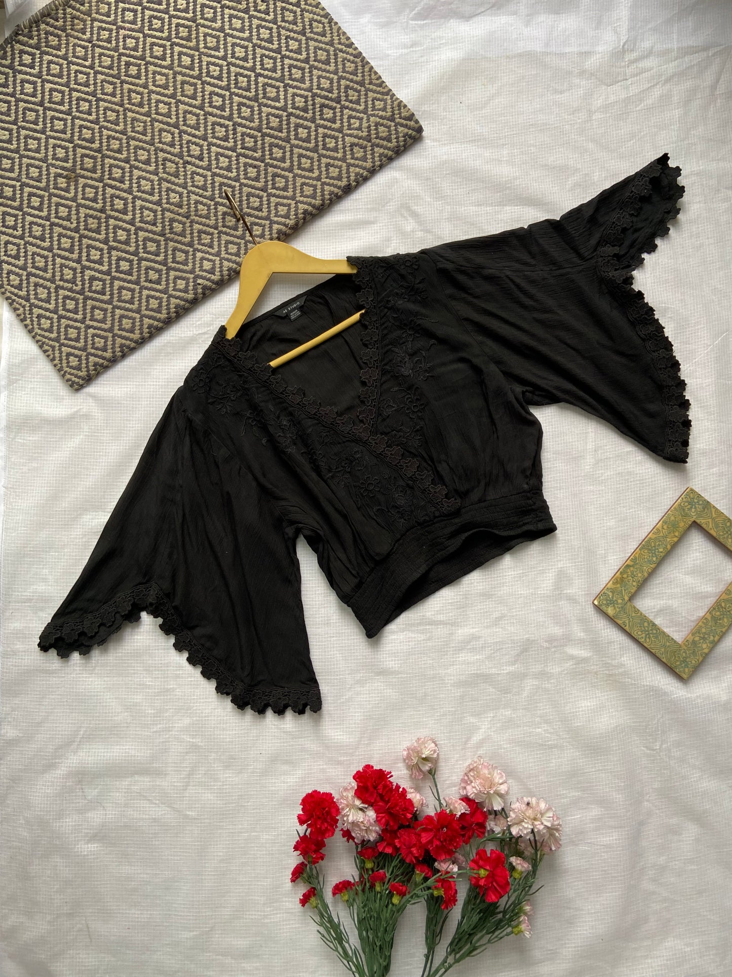 Women's Black Boho V-Neck Top with Bell Sleeves & Lace Detailing