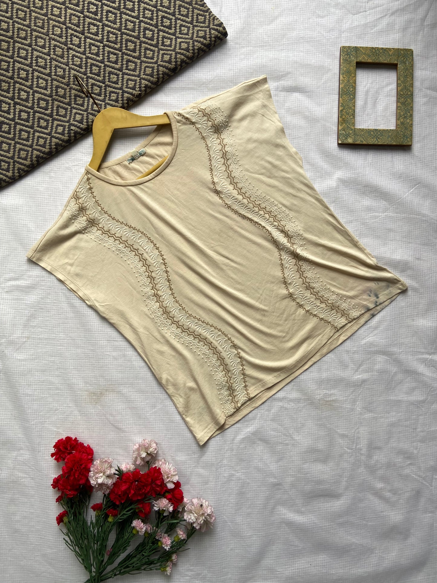 Women's Beige Embroidered Relaxed Fit Cotton T-Shirt