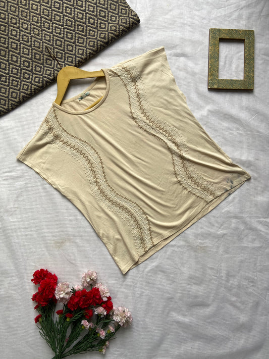 Women's Beige Embroidered Relaxed Fit Cotton T-Shirt