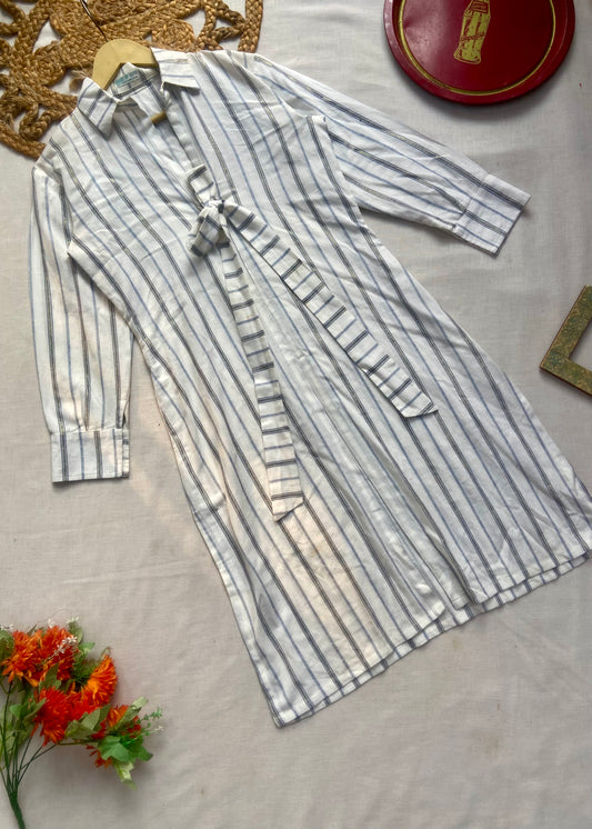 Women’s White Striped Shirt Dress with Waist Tie