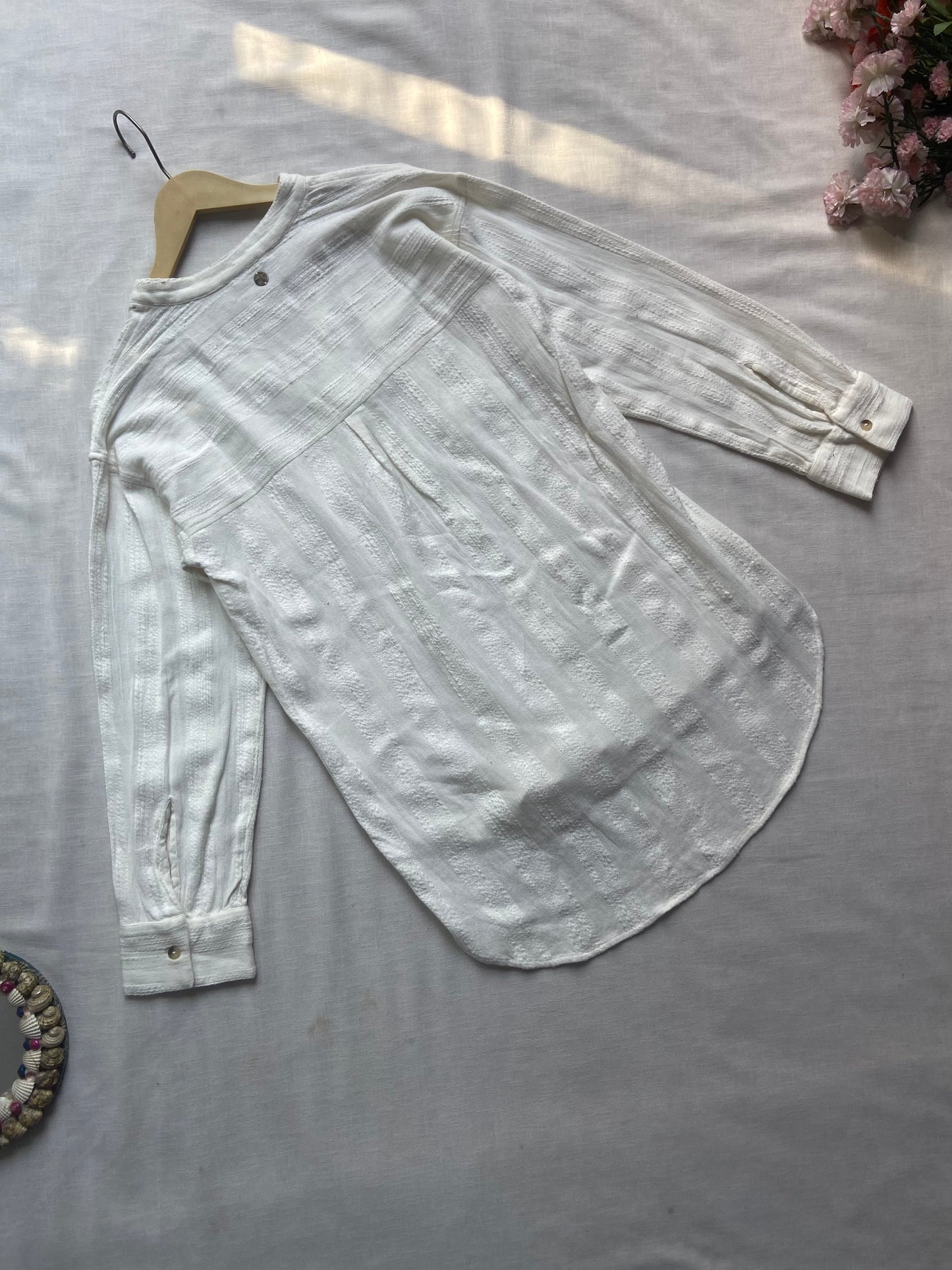 White Cotton Long Sleeve Textured Shirt for Women