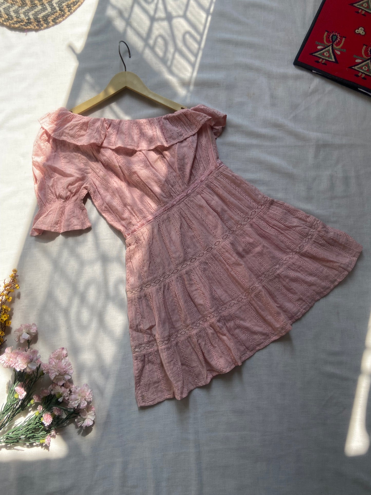 Pink Off-Shoulder Ruffle Dress