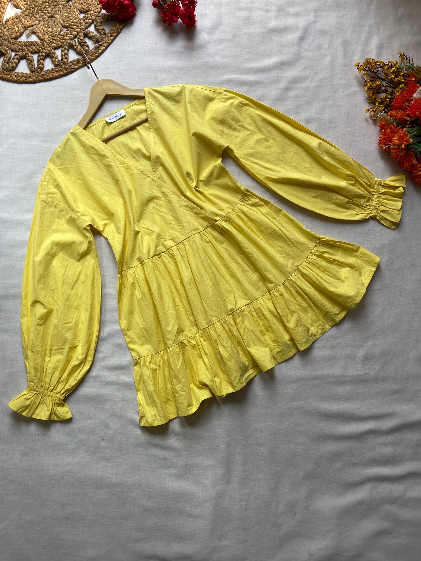 Bright Yellow Tiered Cotton Mini Dress