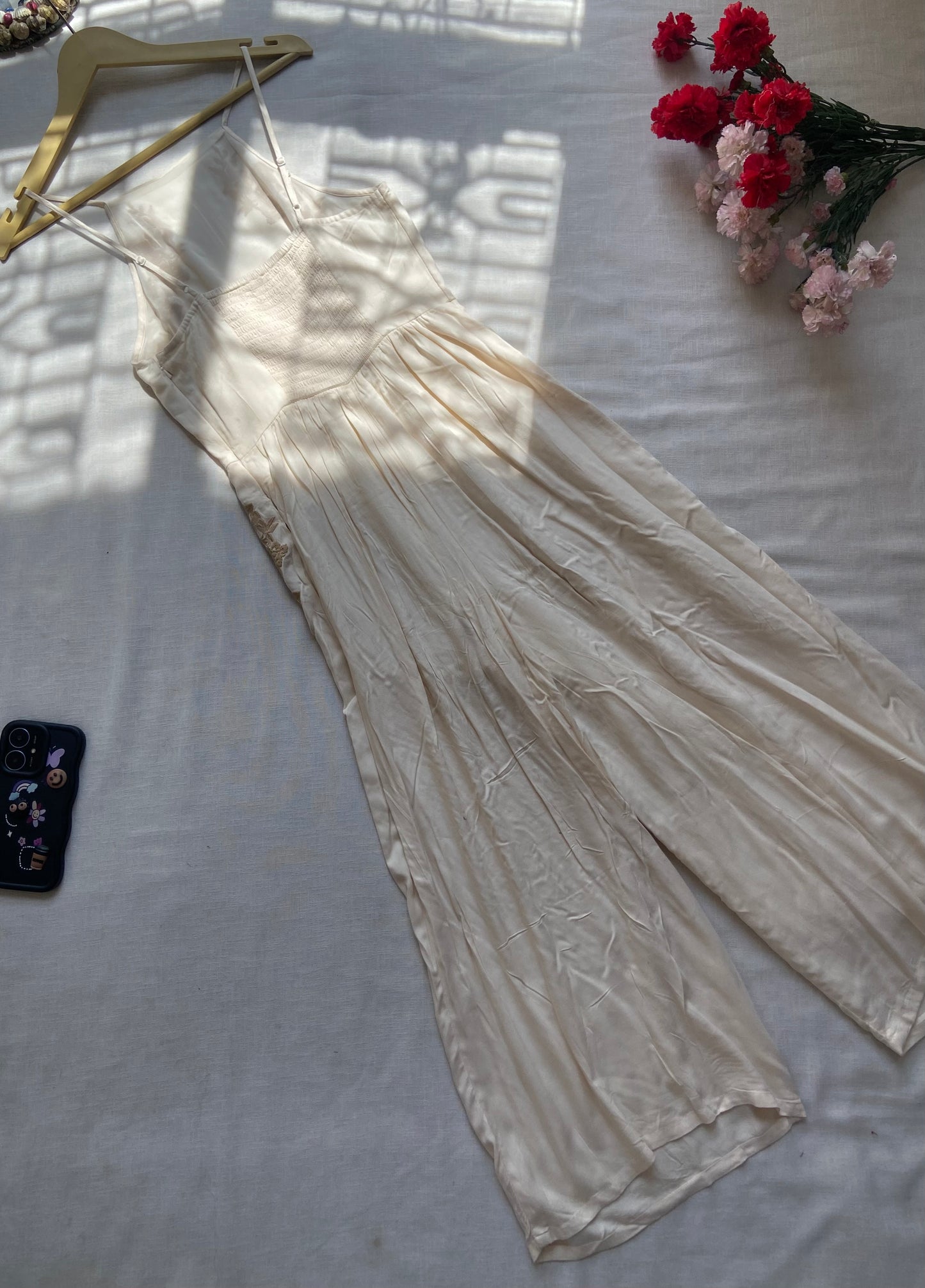 Elegant Beige Embroidered Spaghetti Strap Dress