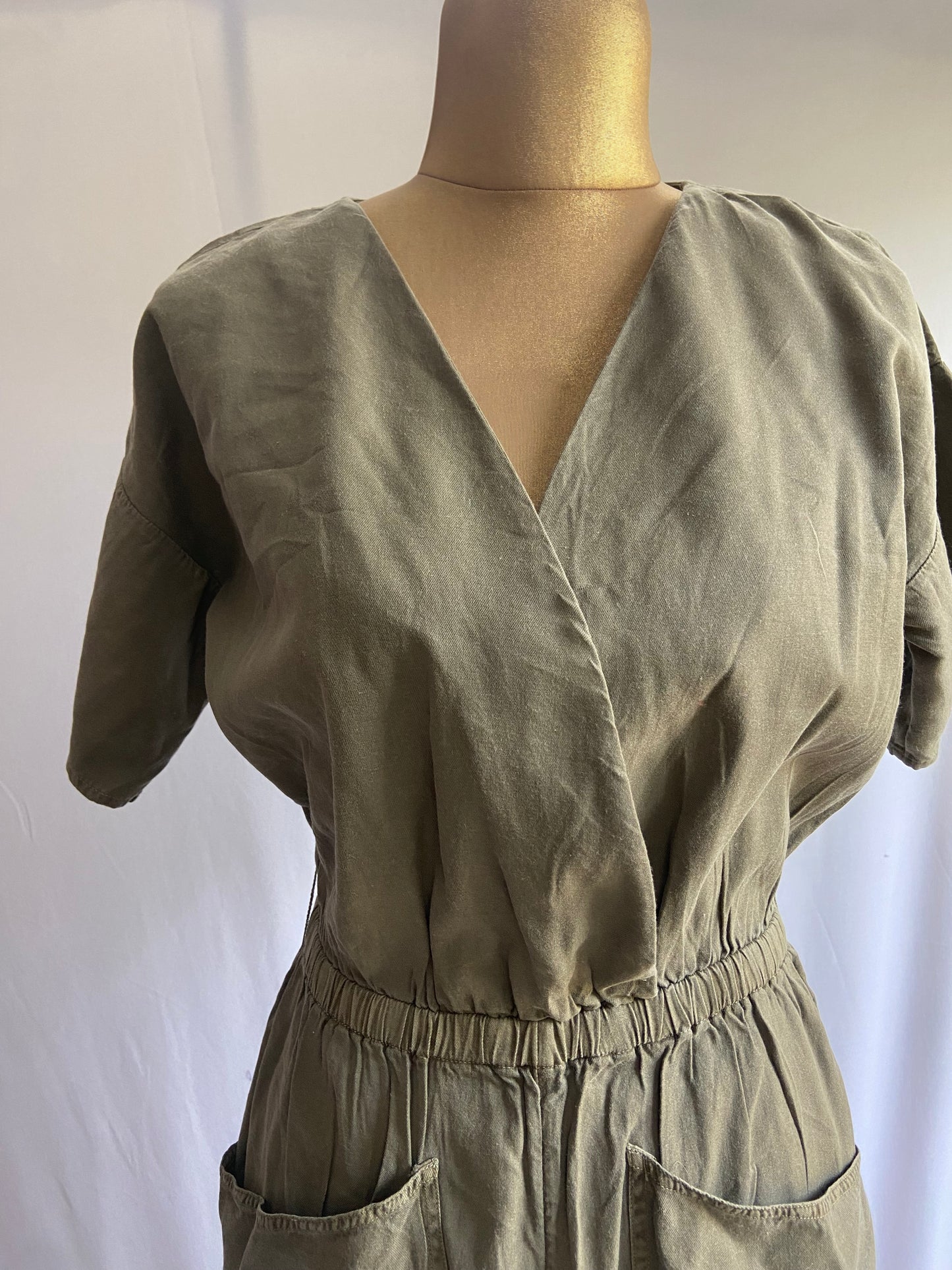 Olive Green Utility Jumpsuit with Elastic Waist and Front Pockets