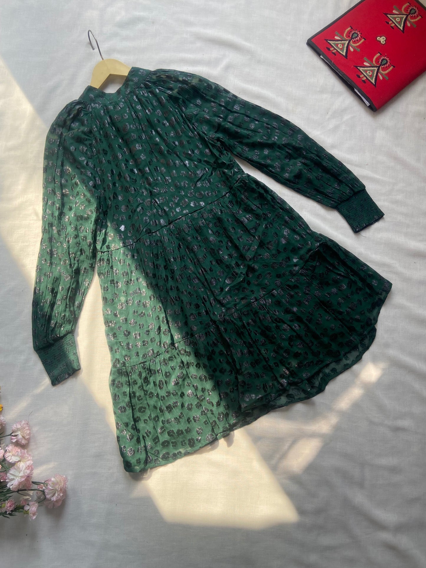 Elegant Green Metallic Polka Dot Dress