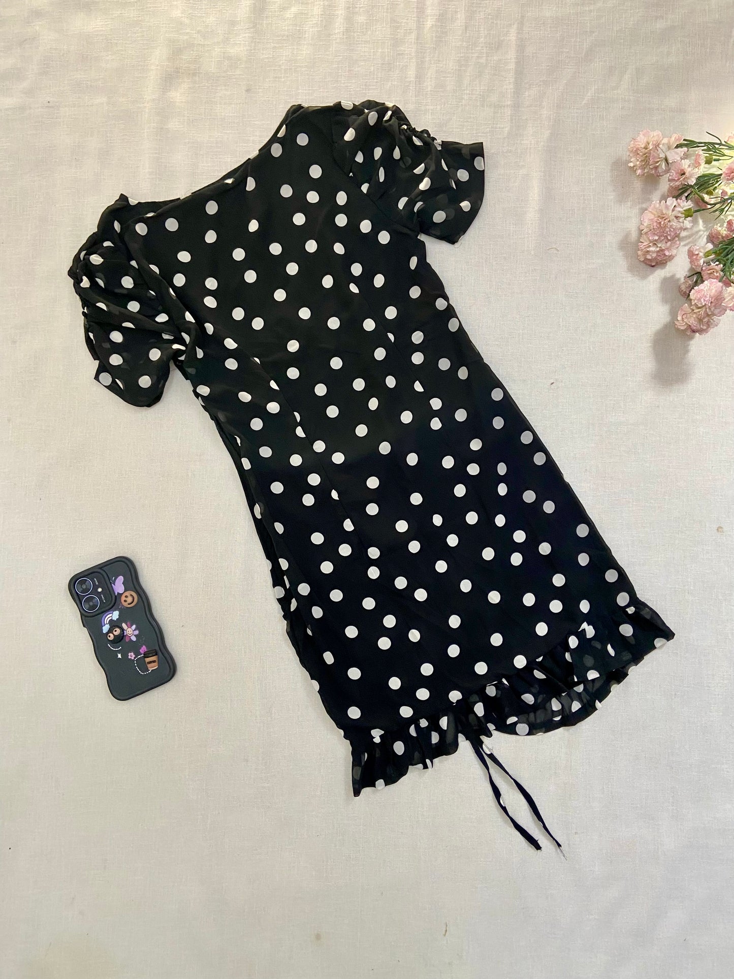 Black Polka Dot Ruched Mini Dress