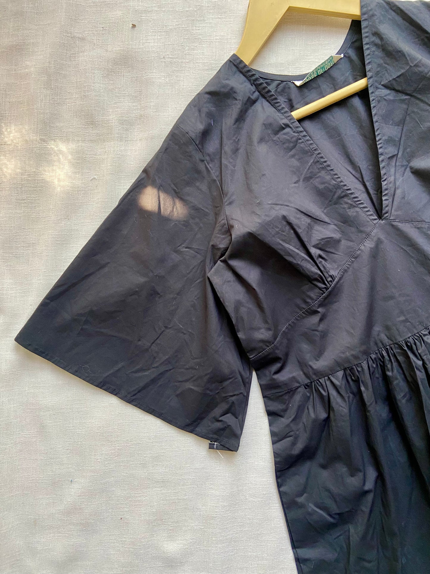 Black V-Neck Flared Midi Dress with Bell Sleeves