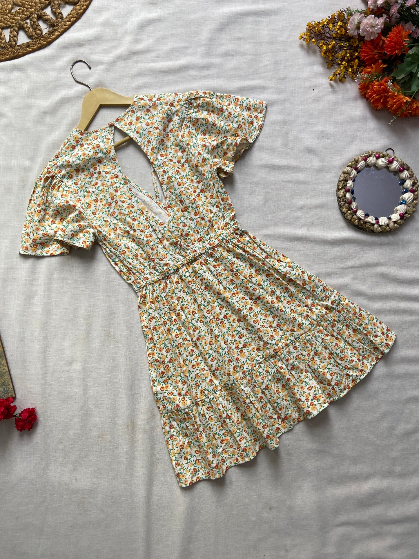 White Floral V Neck Mini Dress