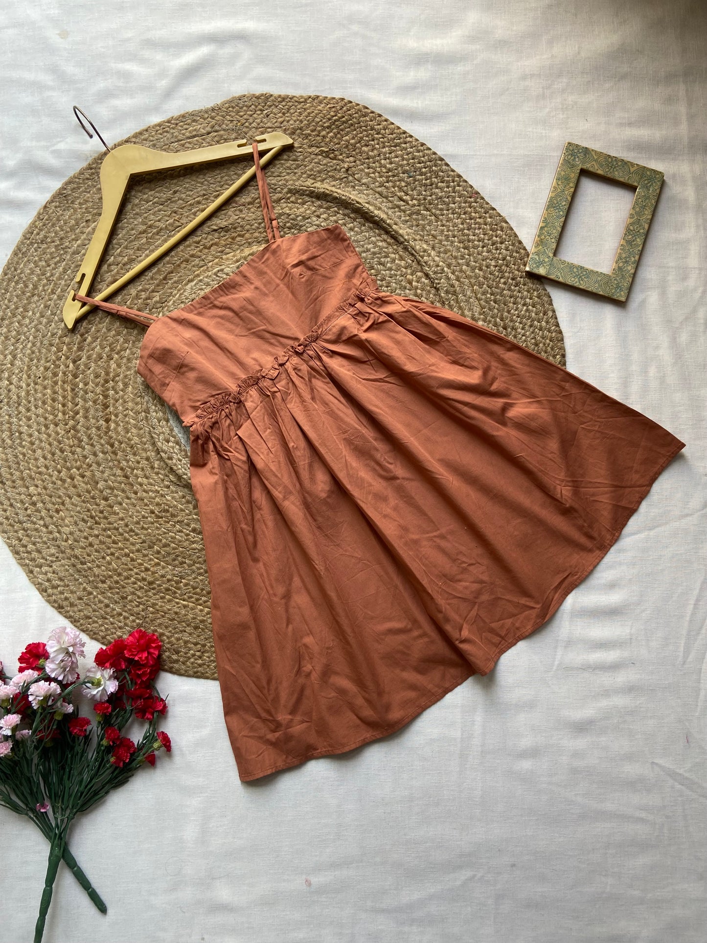 Women's Rust Orange Spaghetti Strap Cotton Dress – Sleeveless A-Line Summer Dress