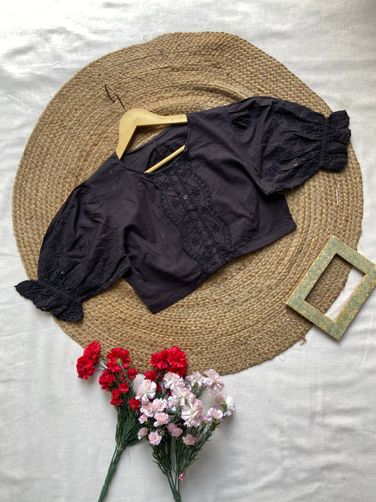 Black Puff Sleeve Cotton Crop Top with Embroidery