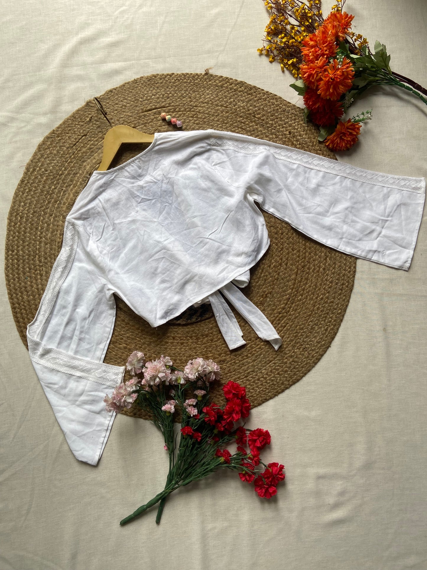 Women's White Tie-Front Crop Top with Flared Sleeves