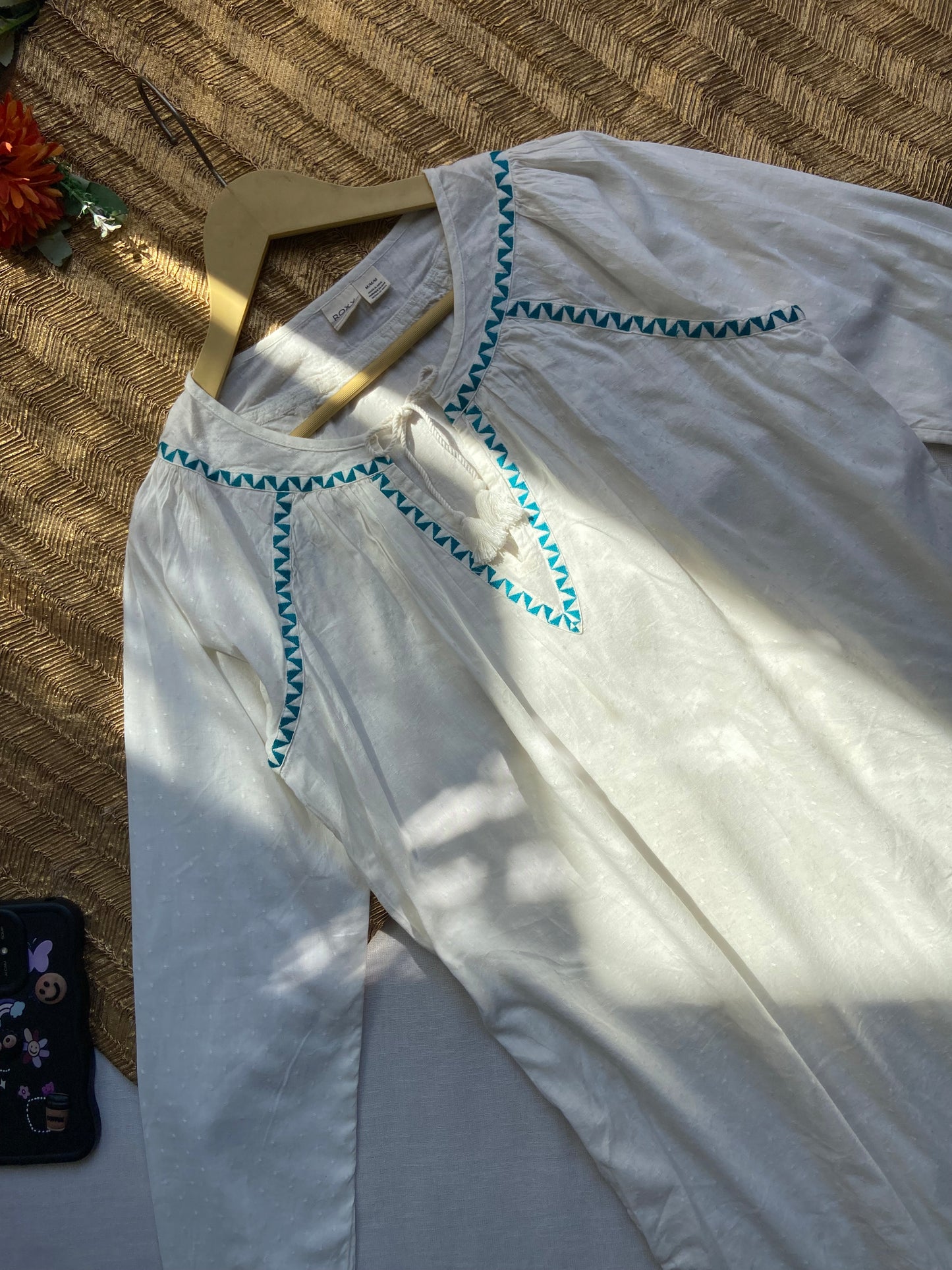 Off-White Cotton Kurti with Blue Thread Detailing