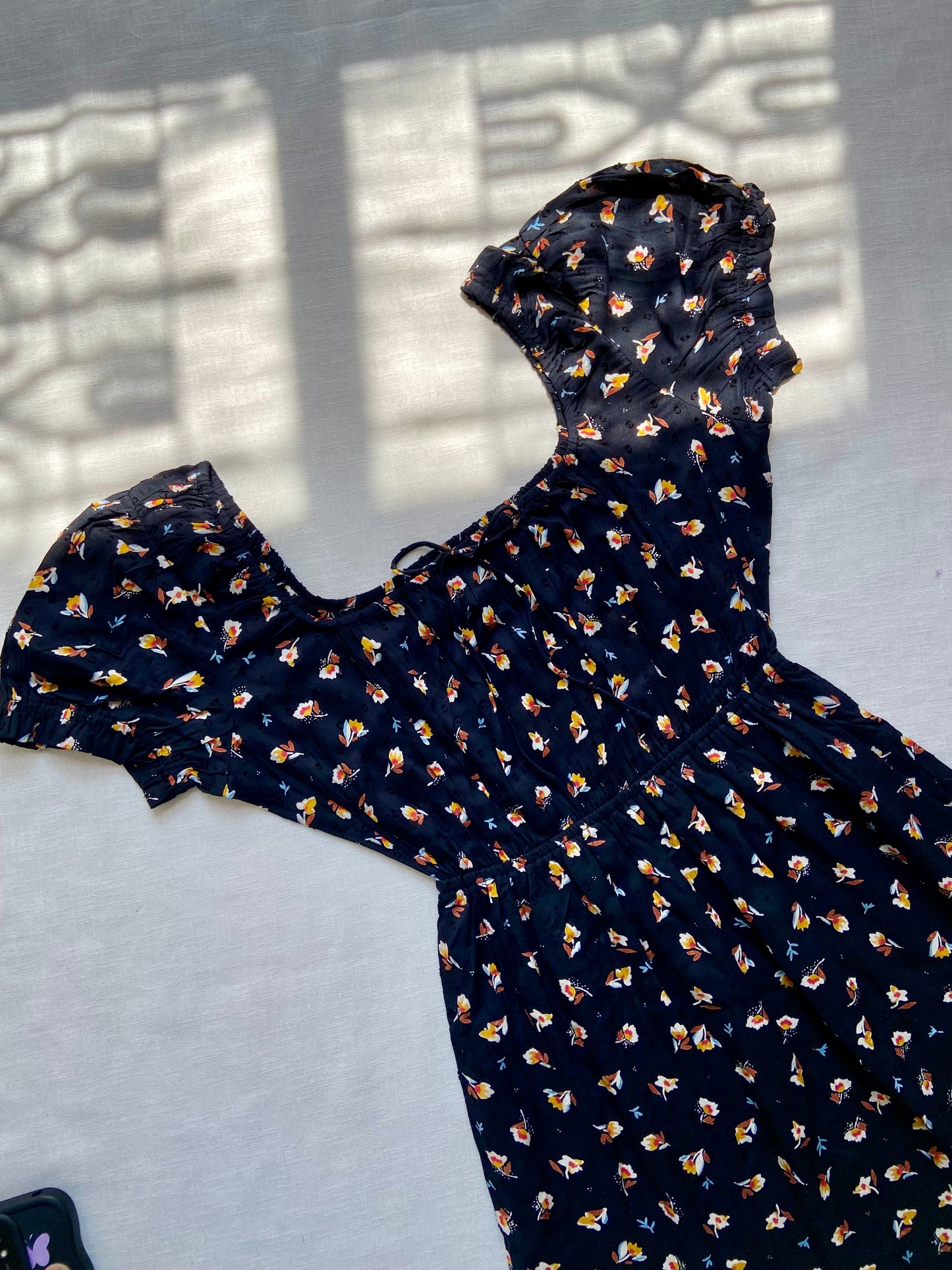 Black Floral Puff Sleeve Mini Dress