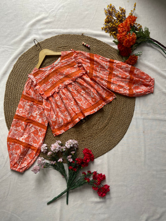 Women's Boho Floral Print Top with Puff Sleeves and Frill Detail – Casual Ethnic Style