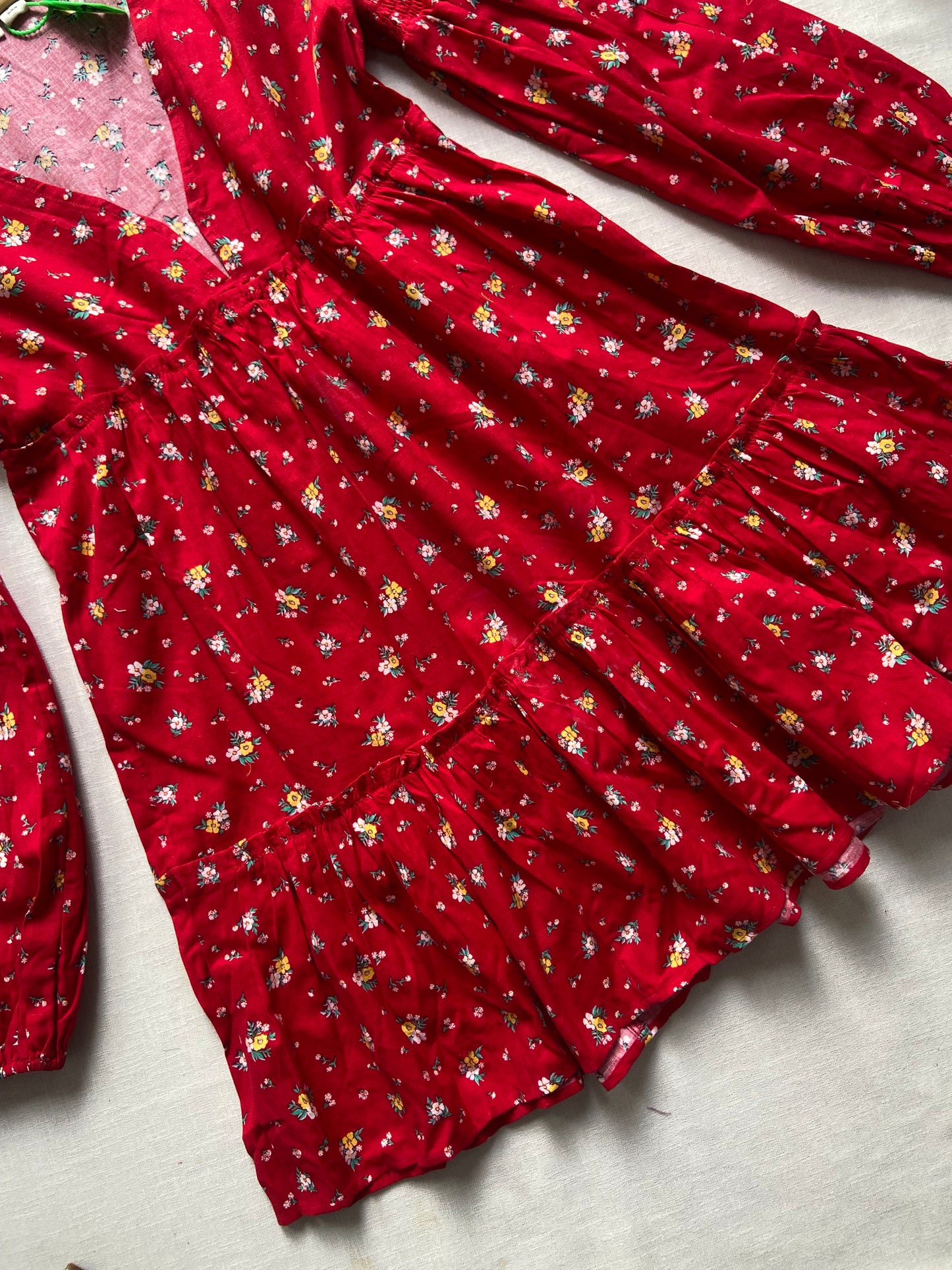 Red Floral V Neck Tiered Midi Dress