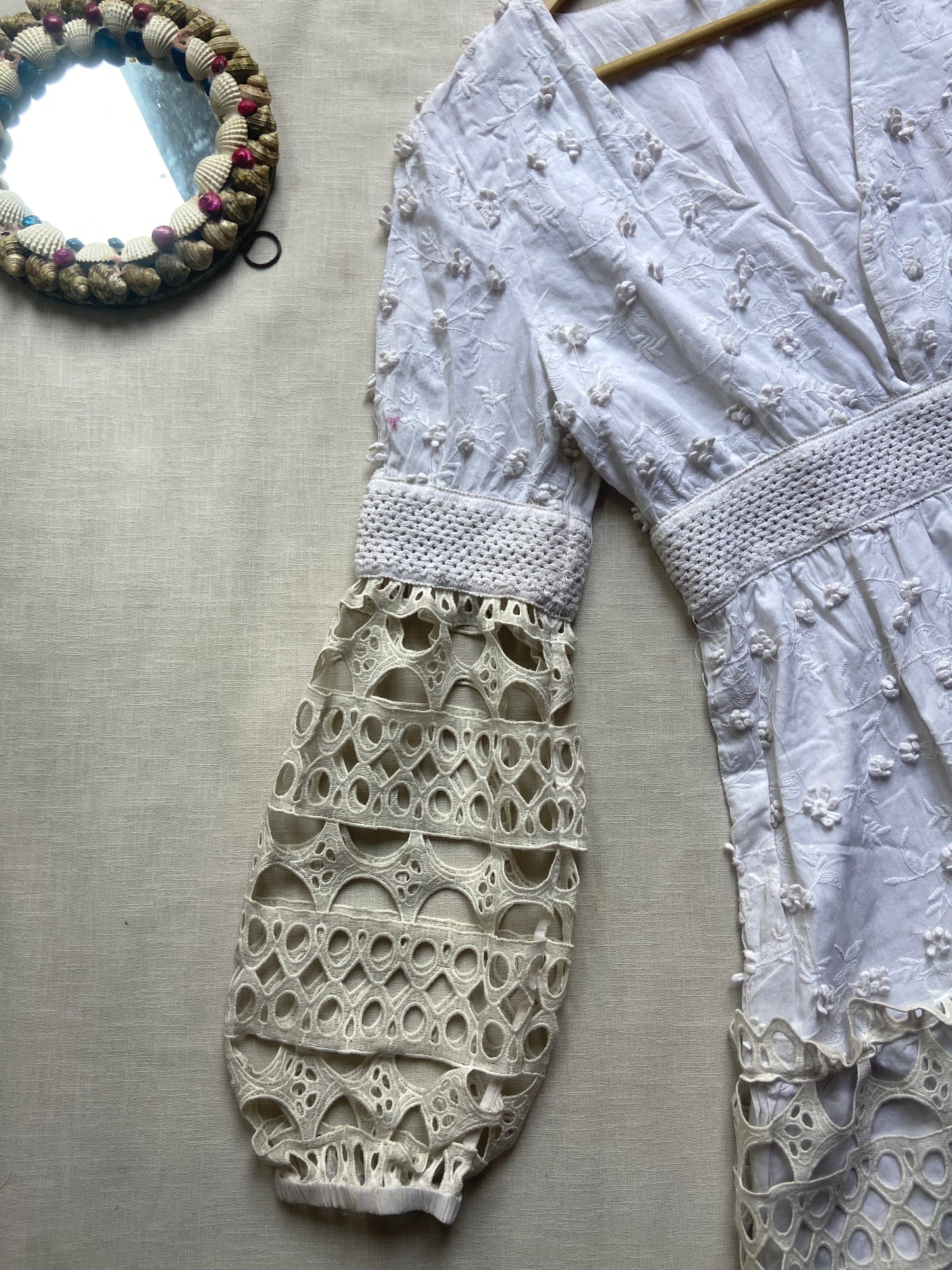 White Embroidered Boho Mini Dress with Crochet Lace Sleeves