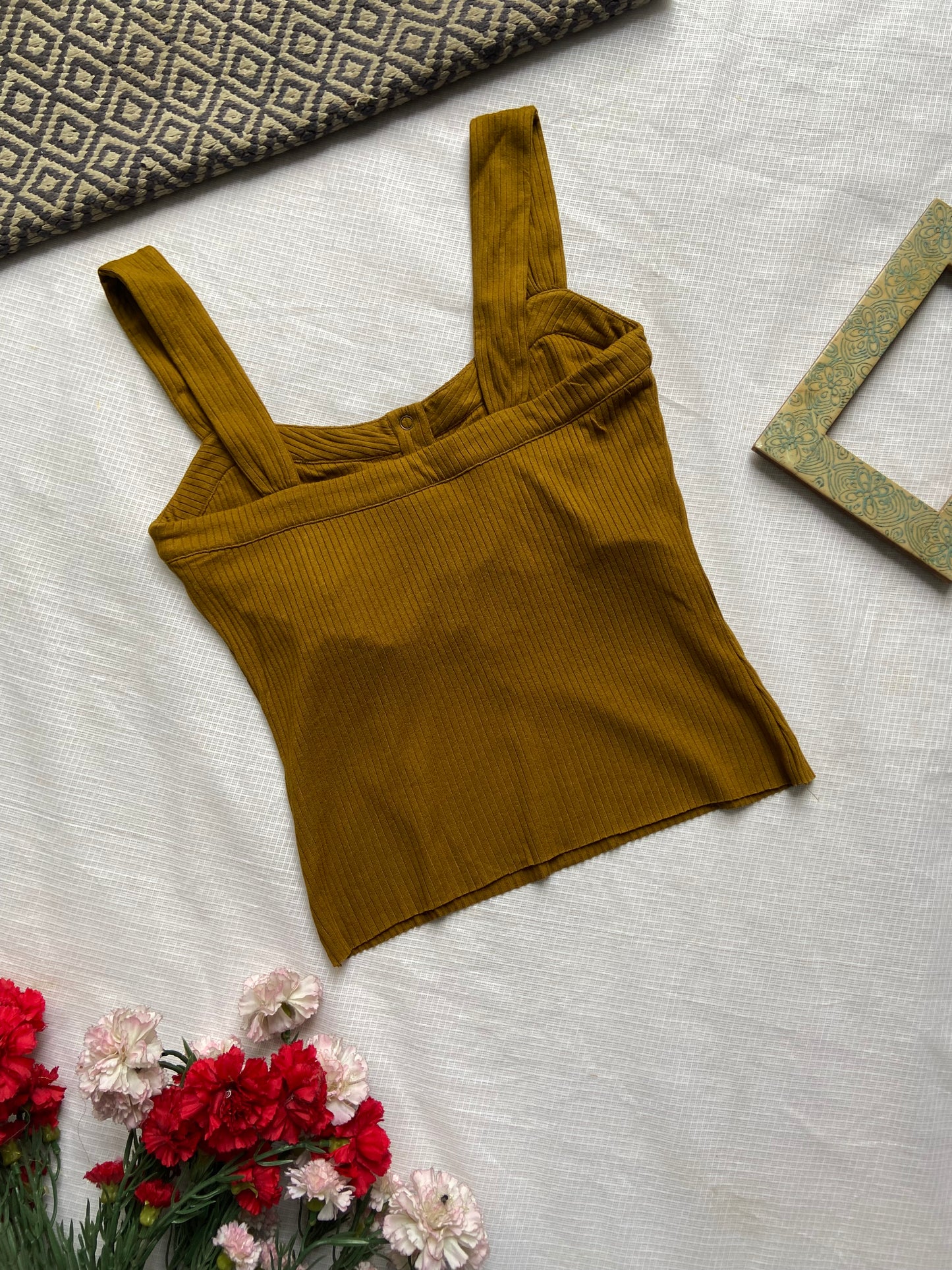 Mustard Ribbed Button-Front Crop Top with Wide Straps