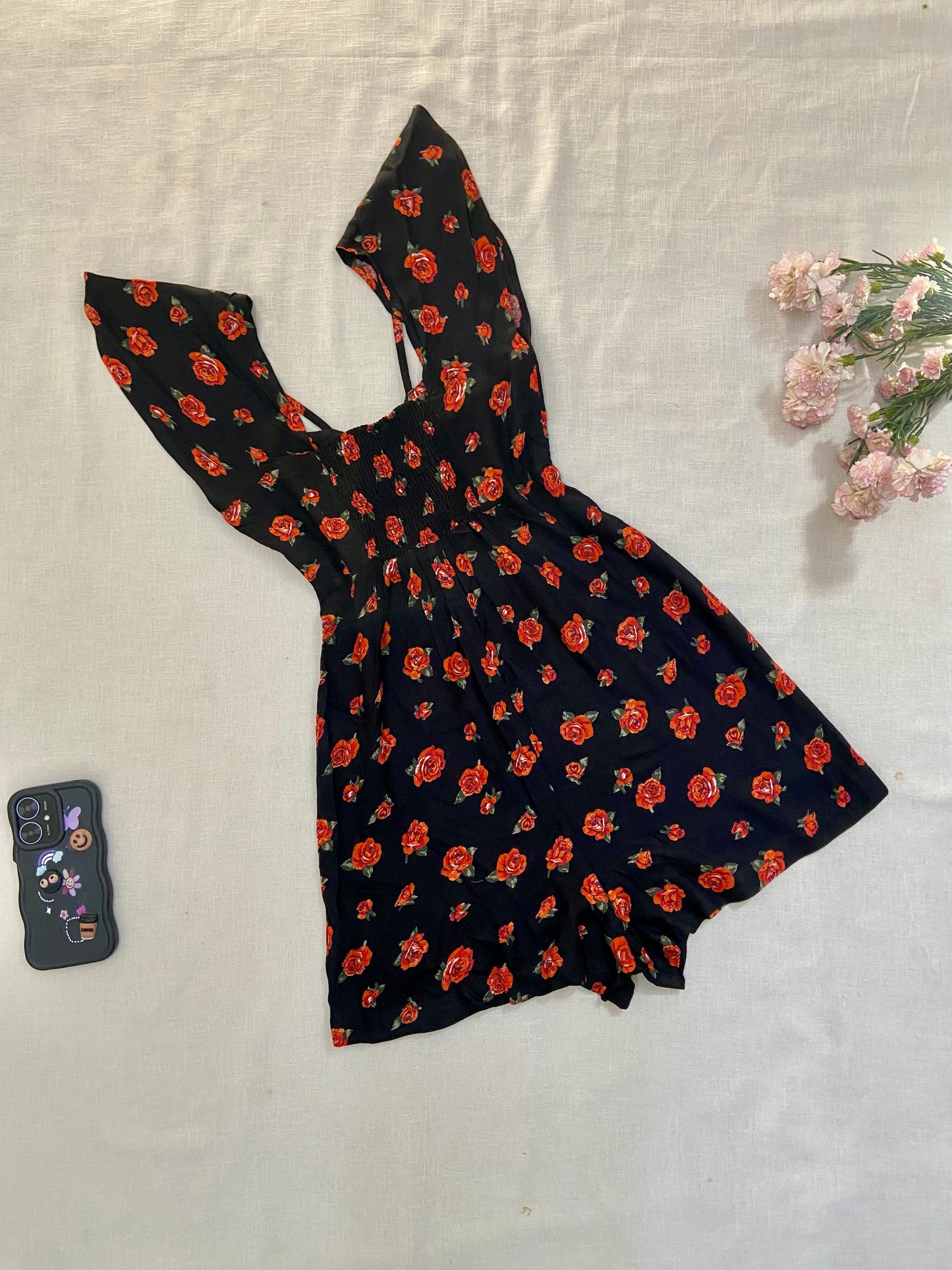 Floral Print Black Romper with Lace-Up Front