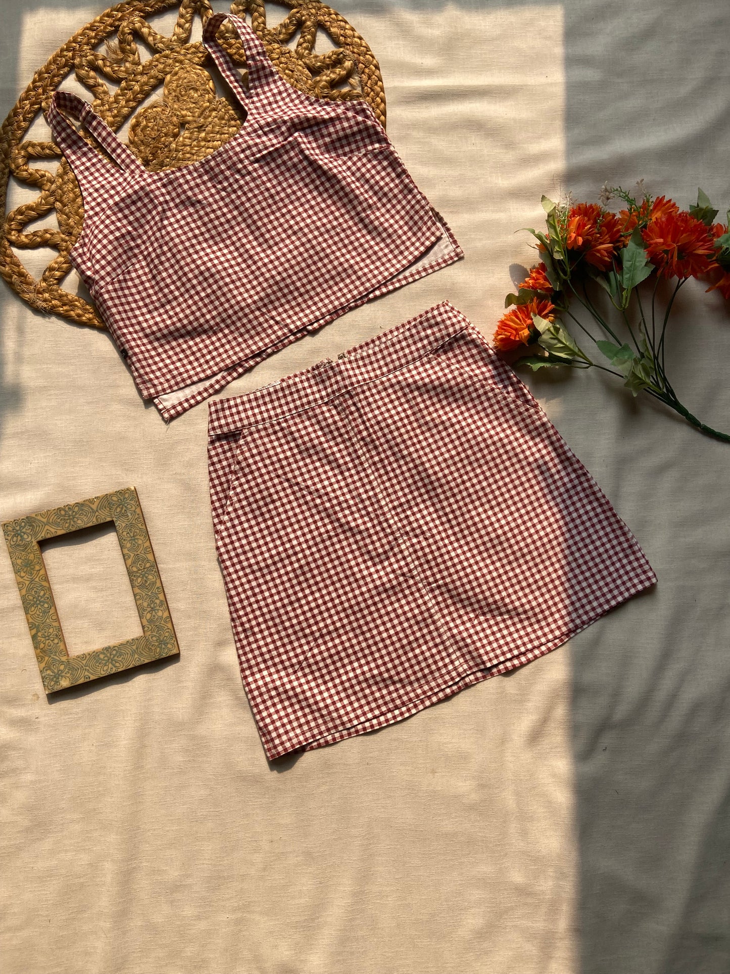 Women’s Red Checkered Crop Top & Skirt Co-ord Set