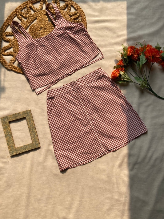 Women’s Red Checkered Crop Top & Skirt Co-ord Set