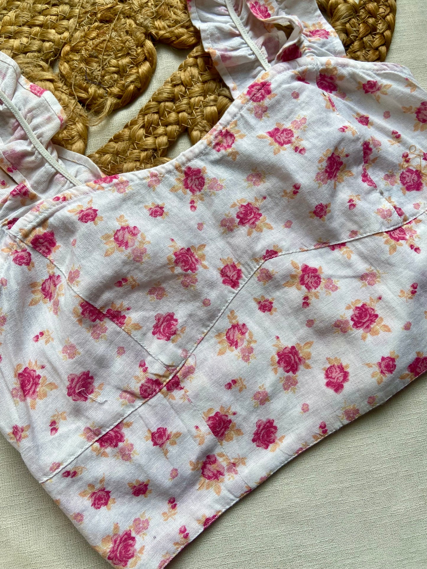 Girls Pink Floral Cotton Crop Top with Ruffle Straps