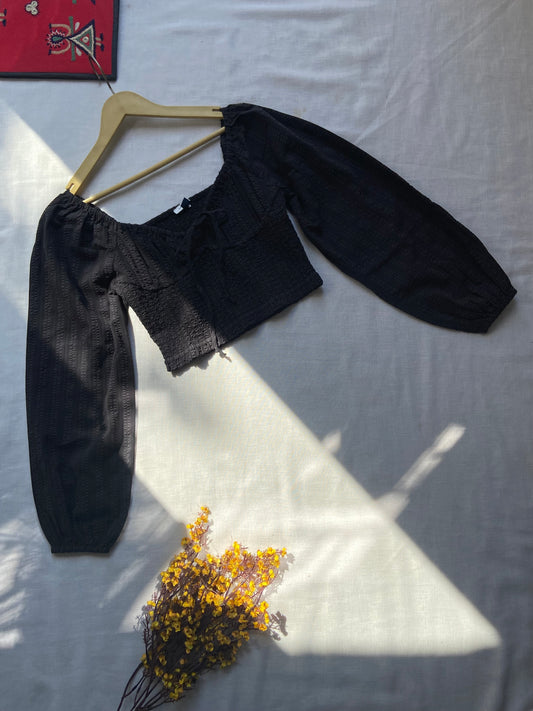 Black Off-Shoulder Puff Sleeve Crop Top