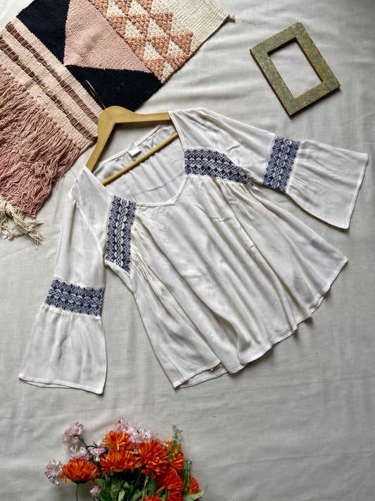 Boho White Flared Sleeve Top with Blue Embroidery